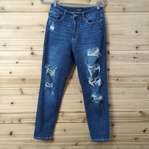 Judy Blue Jeans Womens 7/28 Blue Boyfriend Fit Distressed Dark Wash